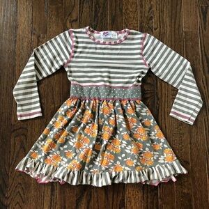 Ann Loren Girls 7/8 Gray/Creme/Pink Multi-Design Long-Sleeve A-Line Cotton Dress